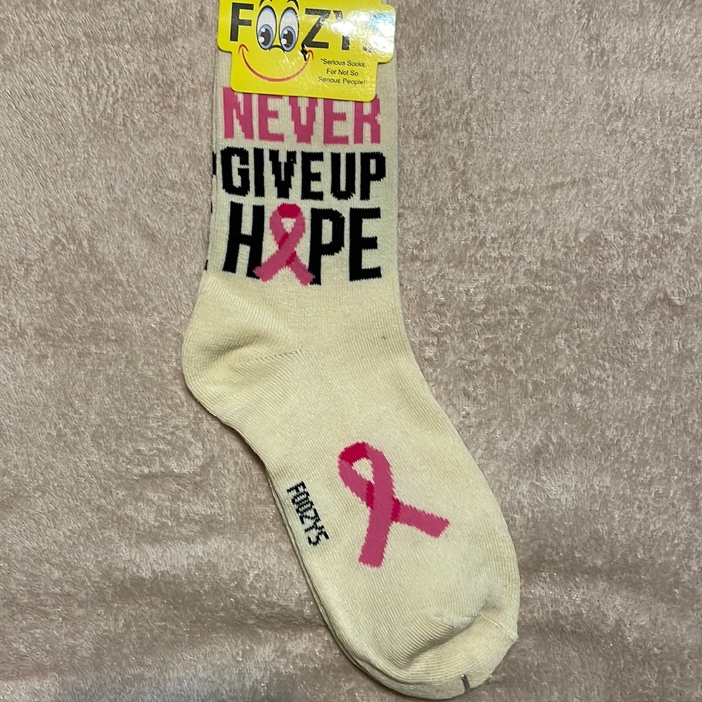 Foozy’s Female Collection.  Cream color Never Give Up (breast cancer) Crew socks